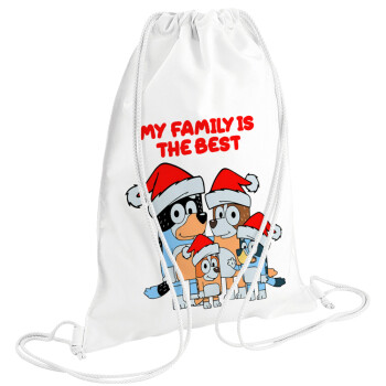 Bluey xmas family, Τσάντα πλάτης πουγκί GYMBAG λευκή (28x40cm)
