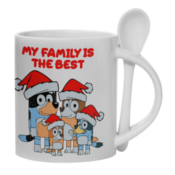 Bluey xmas family, Ceramic coffee mug with Spoon, 330ml (1pcs)