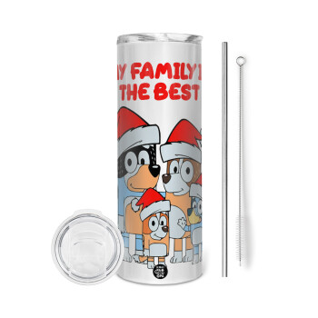 Bluey xmas family, Eco friendly stainless steel tumbler 600ml, with metal straw & cleaning brush