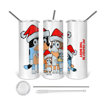 Bluey xmas family, 360 Eco friendly stainless steel tumbler 600ml, with metal straw & cleaning brush