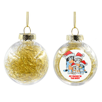Bluey xmas family, Χριστουγεννιάτικη μπάλα δένδρου διάφανη με χρυσό γέμισμα 8cm