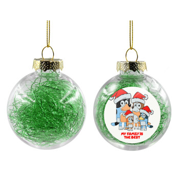 Bluey xmas family, Χριστουγεννιάτικη μπάλα δένδρου διάφανη με πράσινο γέμισμα 8cm