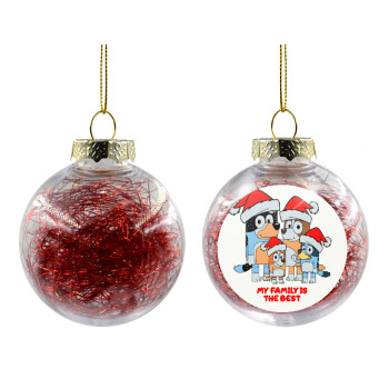 Bluey xmas family, Χριστουγεννιάτικη μπάλα δένδρου διάφανη με κόκκινο γέμισμα 8cm
