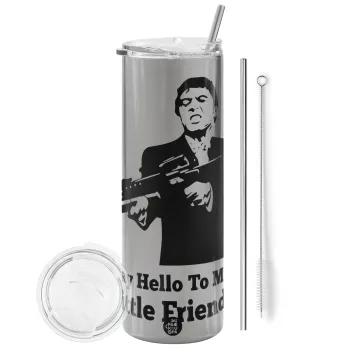 Scarface, Tumbler ποτήρι θερμό Ασημένιο από ανοξείδωτο ατσάλι 600ml, με μεταλλικό καλαμάκι & βούρτσα καθαρισμού