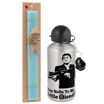 Scarface, Easter Set, metallic silver aluminum water bottle (500ml) & scented flat Easter candle (30cm) (TURQUOISE)