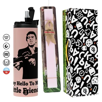 Scarface, Πασχαλινή Λαμπάδα με  ΡΟΖ Travel Tumbler θερμό (600ml, BPA free) & κερί αρωματικό πλακέ (30cm) (ΡΟΖ)