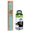 Easter Set, Children's thermal stainless steel bottle with safety straw, green/blue (350ml) & aromatic flat Easter candle (30cm) (TURQUOISE)