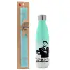Easter Set, Metallic green/white thermos (Stainless steel), double-walled, 500ml & scented flat Easter candle (30cm) (TURQUOISE)