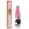 Easter Set, Metallic pink/white (Stainless steel) thermos, double-walled, 500ml & aromatic flat Easter candle (30cm) (PINK)