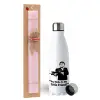 Easter Set, metallic stainless steel water bottle (750ml) & scented flat Easter candle (30cm) (PINK)