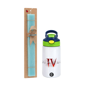 Diablo iv, Easter Set, Children's thermal stainless steel bottle with safety straw, green/blue (350ml) & aromatic flat Easter candle (30cm) (TURQUOISE)