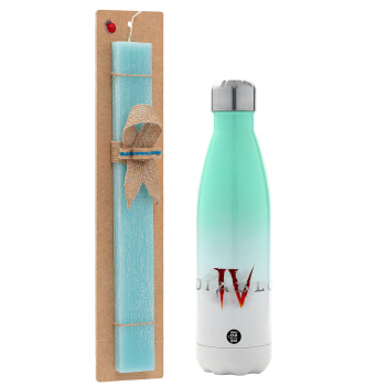 Diablo iv, Easter Set, Metallic green/white thermos (Stainless steel), double-walled, 500ml & scented flat Easter candle (30cm) (TURQUOISE)