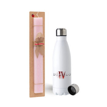 Diablo iv, Easter Set, metallic stainless steel water bottle (750ml) & scented flat Easter candle (30cm) (PINK)