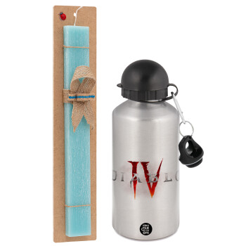 Diablo iv, Easter Set, metallic silver aluminum water bottle (500ml) & scented flat Easter candle (30cm) (TURQUOISE)