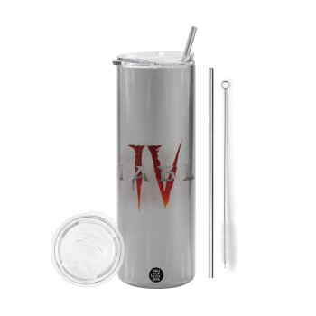 Diablo iv, Eco friendly stainless steel Silver tumbler 600ml, with metal straw & cleaning brush
