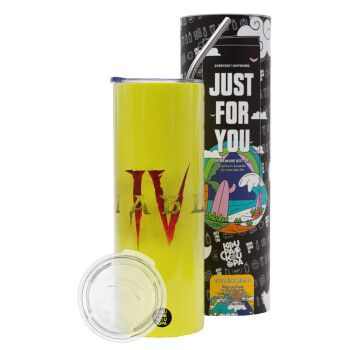 Diablo iv, Neon Yellow Travel Tumbler θερμό, μεταλλικό καλαμάκι(Ανωξείδωτο 304 Food grade, BPA free, 600ml)