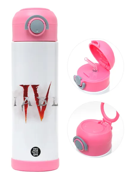 Diablo iv — Children's hot water bottle, stainless steel, with safety straw, PINK (500ml)