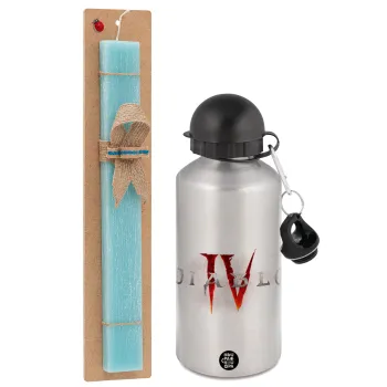 Diablo iv, Easter Set, metallic silver aluminum water bottle (500ml) & scented flat Easter candle (30cm) (TURQUOISE)