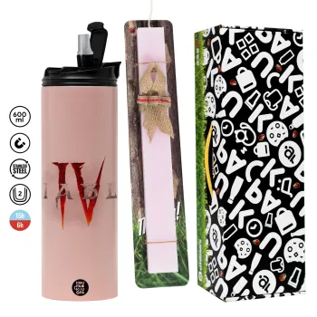 Diablo iv, Easter candle,Travel Tumbler 2 Lids, with metal straw & cleaning brush & aromatic flat candle (30cm) (PINK)
