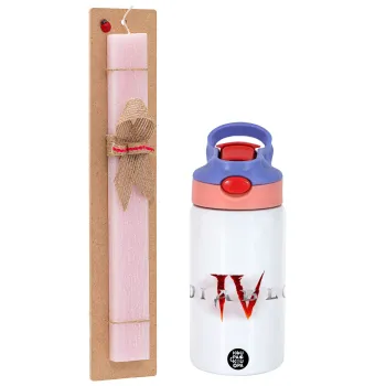 Diablo iv, Easter Set, Children's thermal stainless steel water bottle with safety straw, pink/purple (350ml) & Easter scented flat candle (30cm) (PINK)