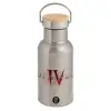 Stainless steel metallic thermos flask, silver with a bamboo lid, double-walled, 350ml.