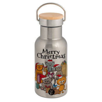 Merry Christmas Cats, Stainless steel metallic thermos flask, silver with a bamboo lid, double-walled, 350ml.