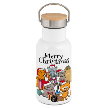 Merry Christmas Cats, Μεταλλικό παγούρι θερμός (Stainless steel) Λευκό με ξύλινο καπακι (bamboo), διπλού τοιχώματος, 350ml
