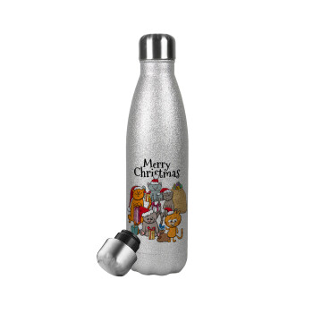 Merry Christmas Cats, Μεταλλικό παγούρι θερμός Glitter Aσημένιο (Stainless steel), διπλού τοιχώματος, 500ml