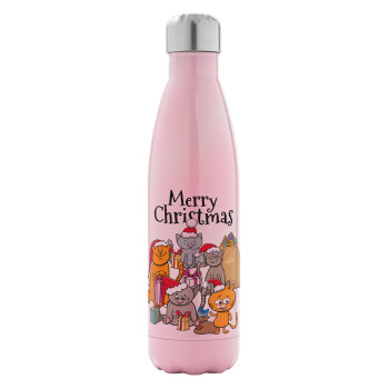 Merry Christmas Cats, Metal mug thermos Pink Iridiscent (Stainless steel), double wall, 500ml