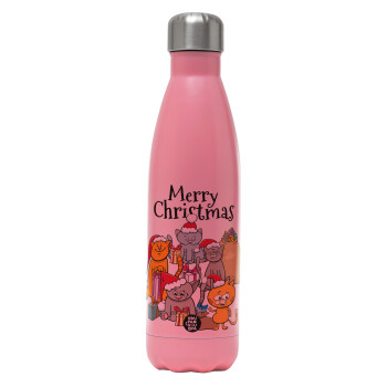 Merry Christmas Cats, Metal mug thermos Pink Mat (Stainless steel), double wall, 500ml