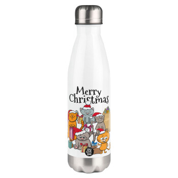 Merry Christmas Cats, Μεταλλικό παγούρι θερμός Λευκό (Stainless steel), διπλού τοιχώματος, 500ml