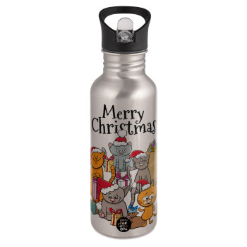 Merry Christmas Cats, Water bottle Silver with straw, stainless steel 600ml