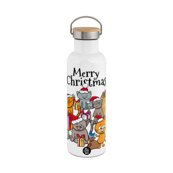 Merry Christmas Cats, Stainless steel White with wooden lid (bamboo), double wall, 750ml