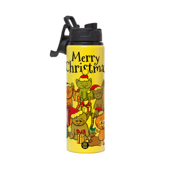 Merry Christmas Cats, Μεταλλικό παγούρι νερού με καπάκι ασφαλείας, αλουμινίου 850ml