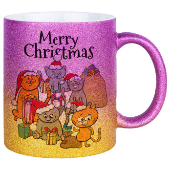 Merry Christmas Cats, Κούπα Χρυσή/Ροζ Glitter, κεραμική, 330ml