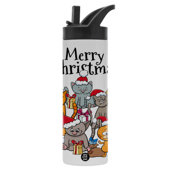 Merry Christmas Cats, Μεταλλικό παγούρι θερμός με καλαμάκι & χειρολαβή, ανοξείδωτο ατσάλι (Stainless steel 304), διπλού τοιχώματος, 600ml