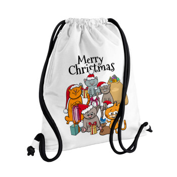Merry Christmas Cats, Τσάντα πλάτης πουγκί GYMBAG λευκή, με τσέπη (40x48cm) & χονδρά κορδόνια