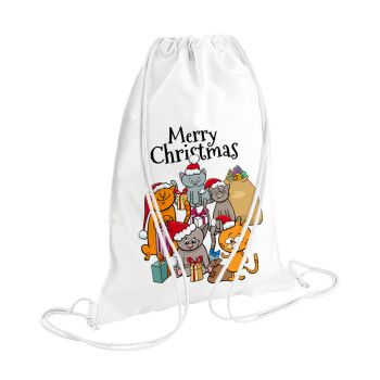 Merry Christmas Cats, Τσάντα πλάτης πουγκί GYMBAG λευκή (28x40cm)