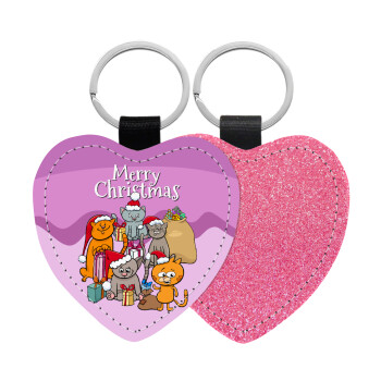 Merry Christmas Cats, Μπρελόκ PU δερμάτινο glitter καρδιά ΡΟΖ