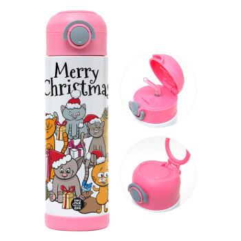 Merry Christmas Cats, Children's hot water bottle, stainless steel, with safety straw, PINK (500ml)