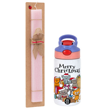 Merry Christmas Cats, Πασχαλινό Σετ, Παιδικό παγούρι θερμό, ανοξείδωτο, με καλαμάκι ασφαλείας, ροζ/μωβ (350ml) & πασχαλινή λαμπάδα αρωματική πλακέ (30cm) (ΡΟΖ)