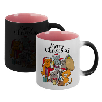 Merry Christmas Cats, Κούπα Μαγική εσωτερικό ΡΟΖ, κεραμική 330ml που αλλάζει χρώμα με το ζεστό ρόφημα (1 τεμάχιο)