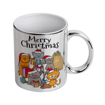 Merry Christmas Cats, Κούπα κεραμική, ασημένια καθρέπτης, 330ml