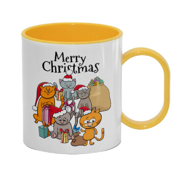 Merry Christmas Cats, Κούπα (πλαστική) (BPA-FREE) Polymer Κίτρινη για παιδιά, 330ml