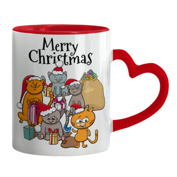 Merry Christmas Cats, Κούπα καρδιά χερούλι κόκκινη, κεραμική, 330ml
