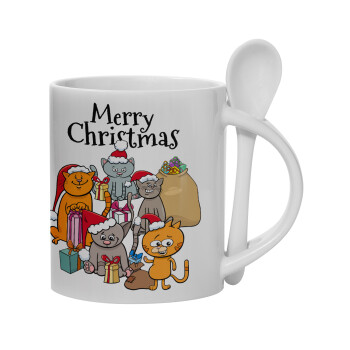 Merry Christmas Cats, Ceramic coffee mug with Spoon, 330ml (1pcs)
