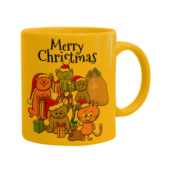 Merry Christmas Cats, Ceramic coffee mug yellow, 330ml (1pcs)