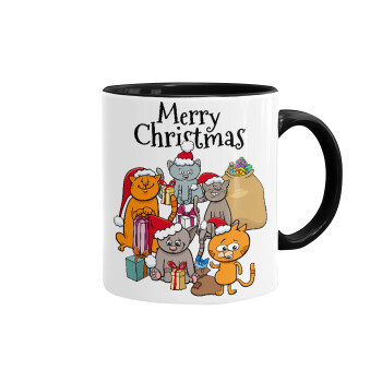 Merry Christmas Cats, Κούπα χρωματιστή μαύρη, κεραμική, 330ml