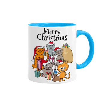 Merry Christmas Cats, Κούπα χρωματιστή γαλάζια, κεραμική, 330ml