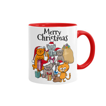 Merry Christmas Cats, Κούπα χρωματιστή κόκκινη, κεραμική, 330ml
